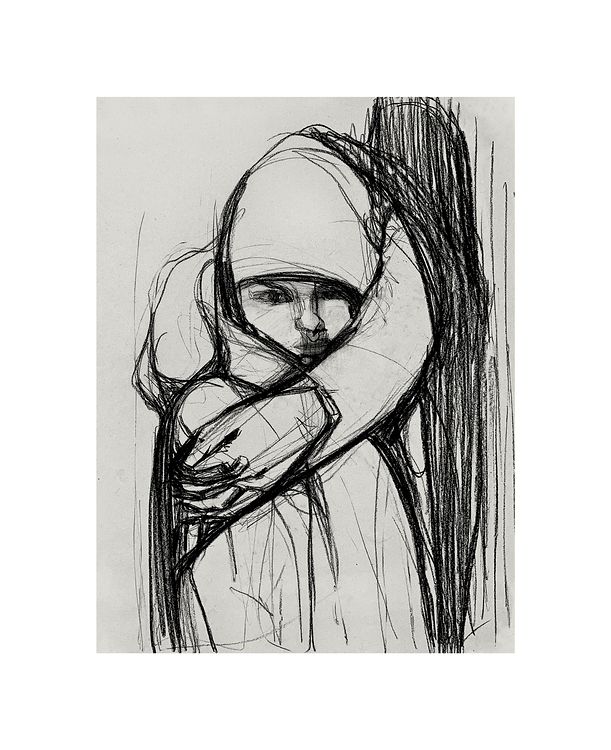 "94. Під крилом маминого захисту, 2022 / Under the wing of mother's protection папір, вугілля / paper, charcoal 60 x 42 см."